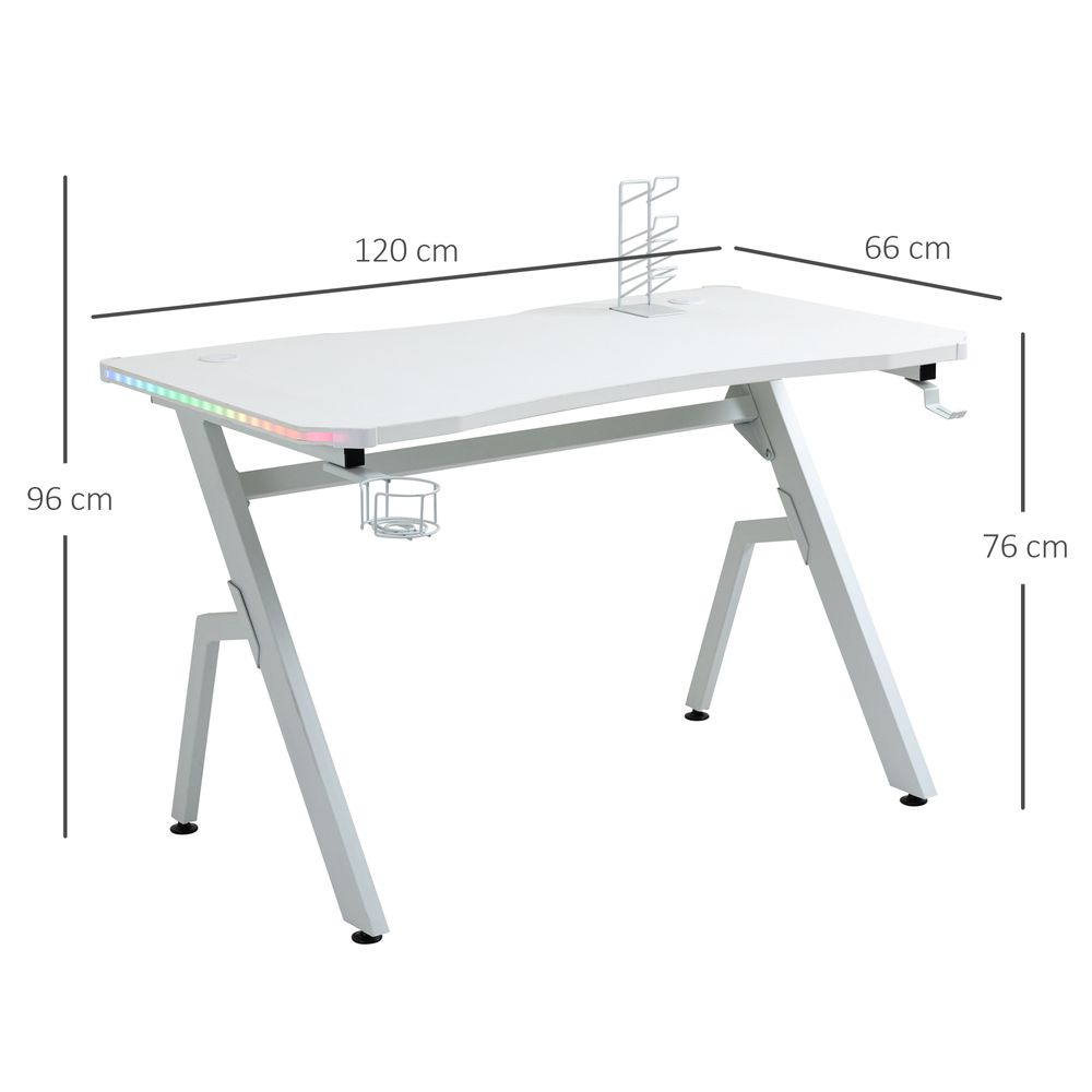 Gaming Desk Racing Style Computer Table RGB LED Lights, Hook, White - anydaydirect