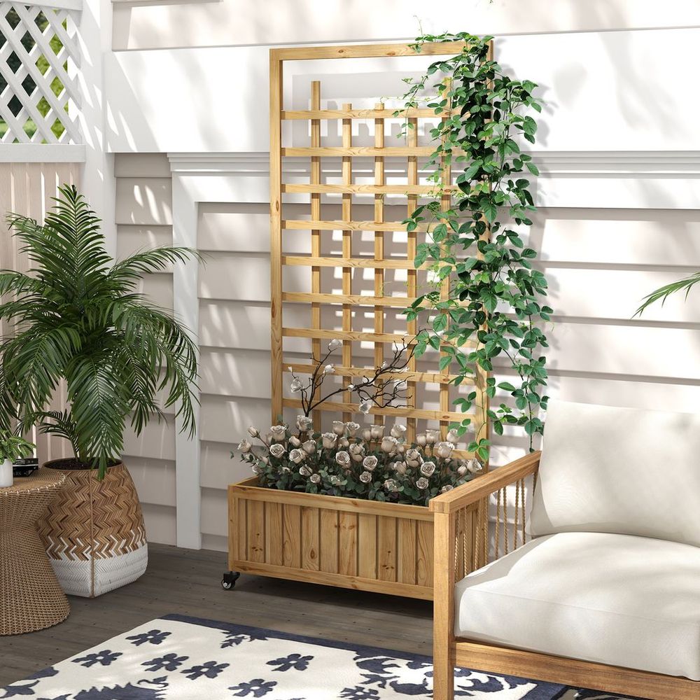 Outsunny Wooden Trellis Planter, Raised Garden Bed with Wheels and Bed Liner - anydaydirect