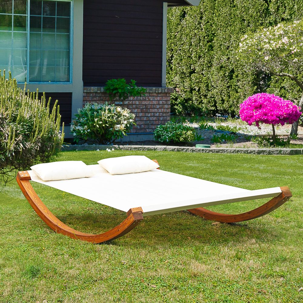 Rocking Double Sun Lounger W/ Wooden Frame-White - anydaydirect