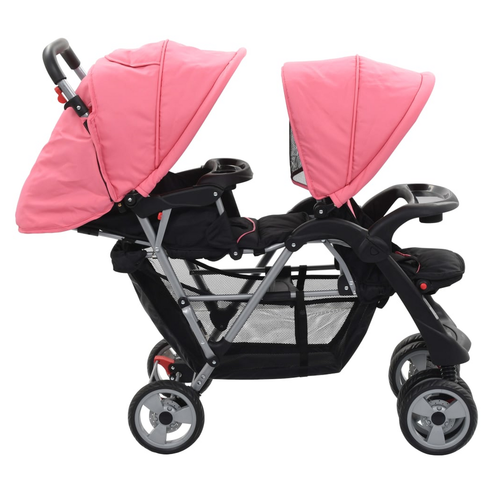 vidaXL Tandem Stroller Pink and Black Steel - anydaydirect