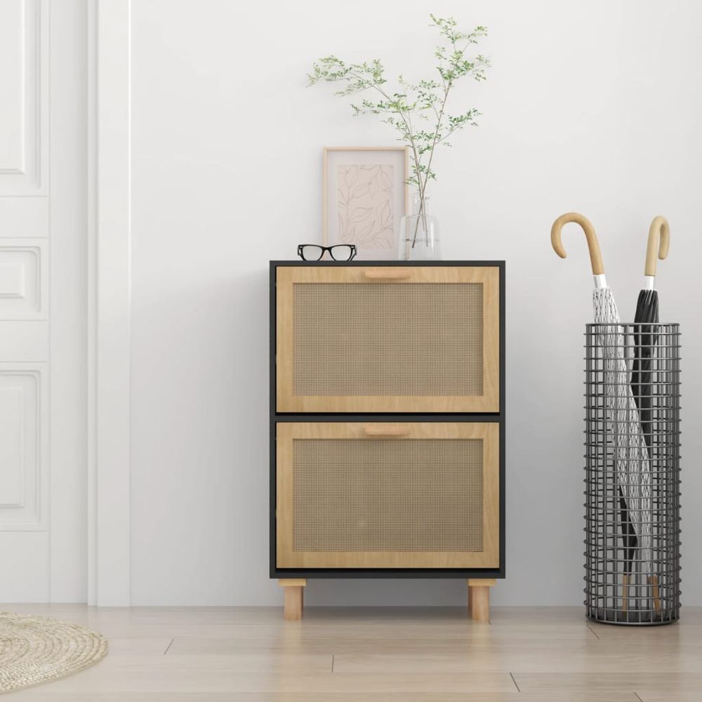 Shoe Cabinet Black 52x25x80 cm Engineered Wood&Natural Rattan - anydaydirect