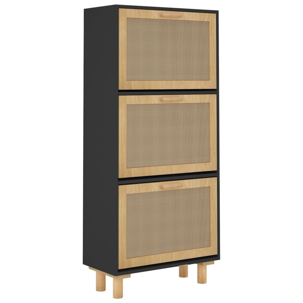 Shoe Cabinet Black 52x25x115 cm Engineered Wood&Natural Rattan - anydaydirect