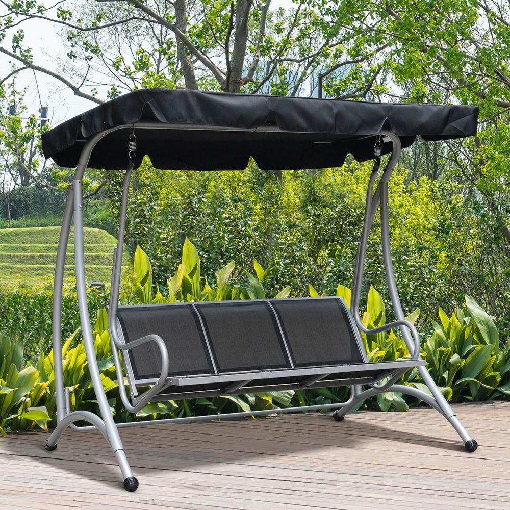 3 Person Steel Swing Chair & Adjustable Canopy - Black Seat - anydaydirect