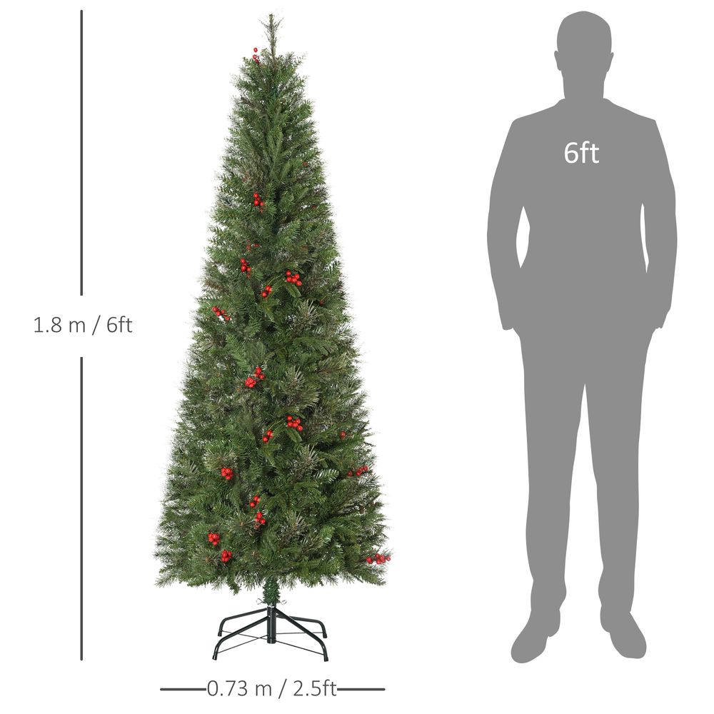6ft Artificial Christmas Tree Holiday with Pencil Shape, Berries HOMCOM - anydaydirect