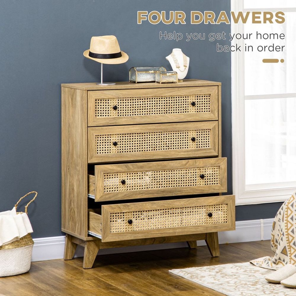 Rattan Chest of Drawers 4-Drawer Dresser Storage Cabinet Bedroom, Wood Effect - anydaydirect