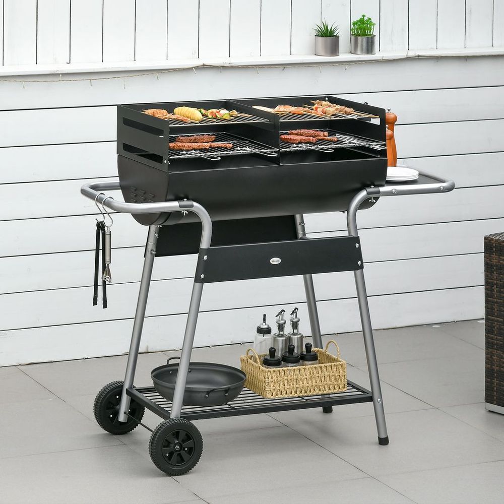 Outsunny Charcoal BBQ Grill with Double Grill, Table, Storage Shelf and Wheels - anydaydirect