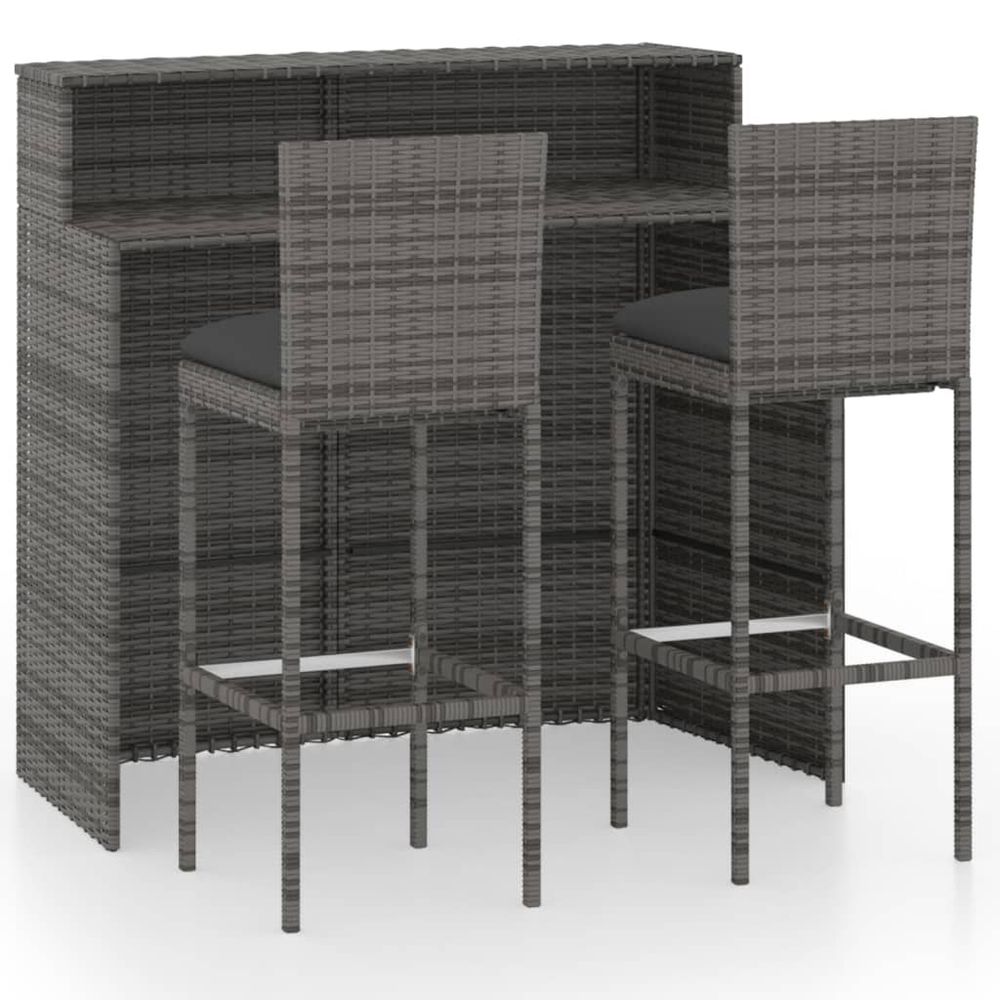 3 Piece Garden Bar Set with Cushions Poly Rattan Grey - anydaydirect