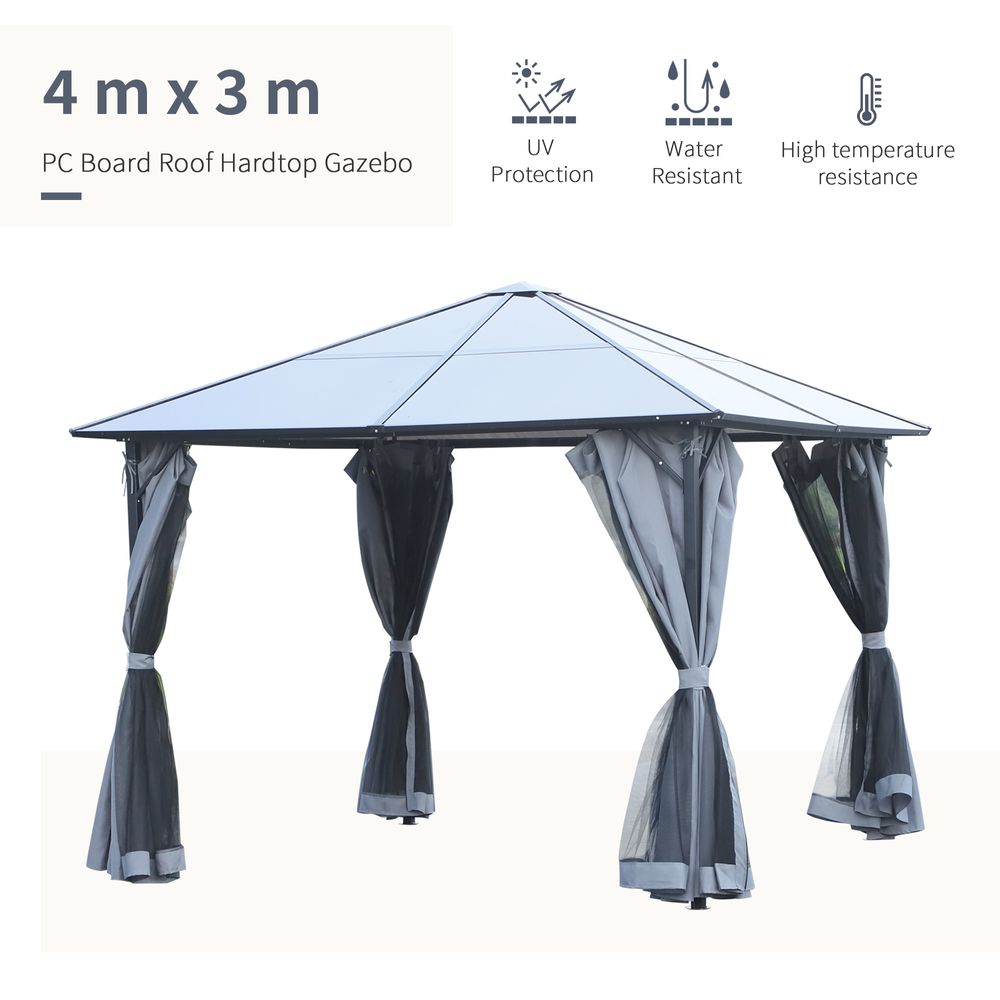 3x4m Garden Aluminium Gazebo Hardtop Roof with Mesh Curtains  Grey - anydaydirect