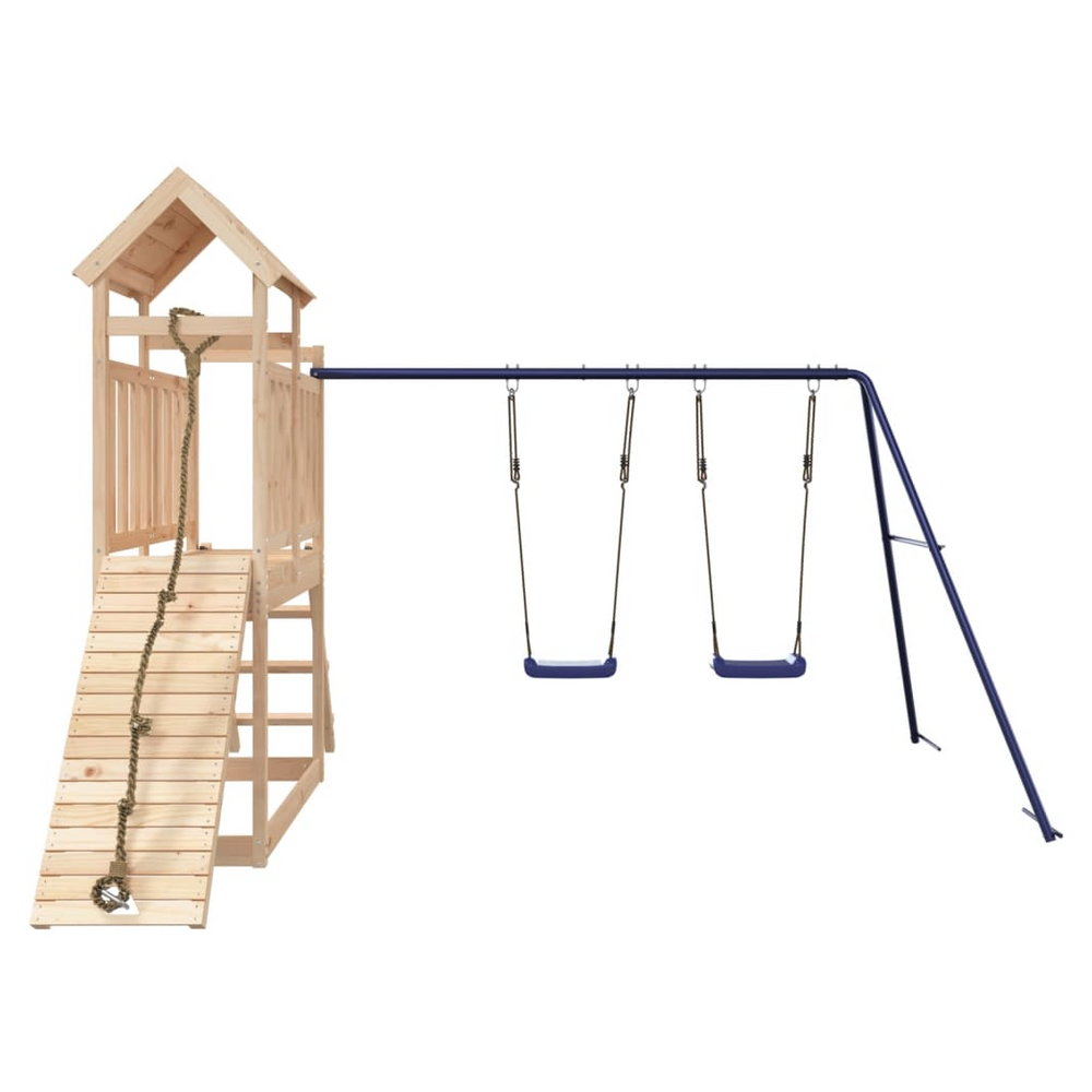 Playhouse with Swings Climbing Wall Solid Wood Pine - anydaydirect
