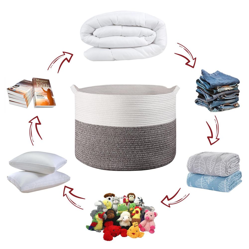 LAUNDRY BASKET WHT & NATURAL 1010284 - anydaydirect