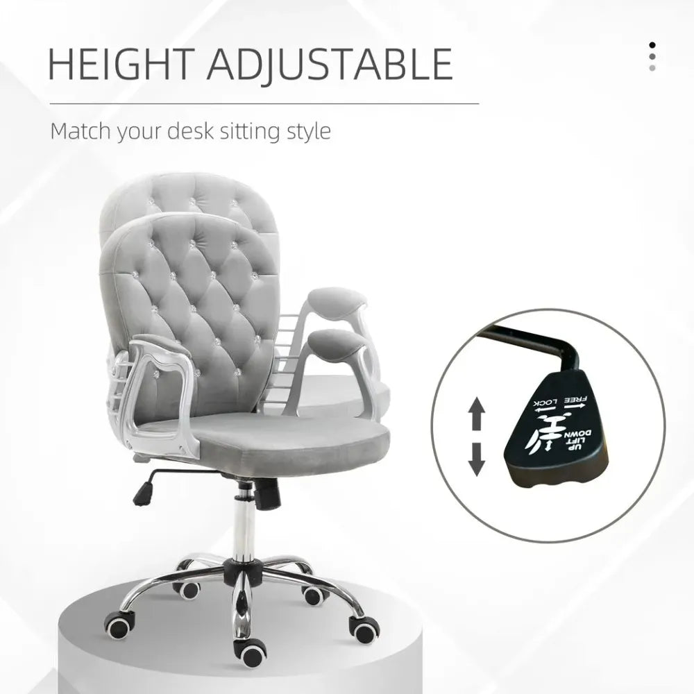 Office Chair Luxury Velour Diamond Tufted Padded Ergonomic 360 Swivel Grey - anydaydirect