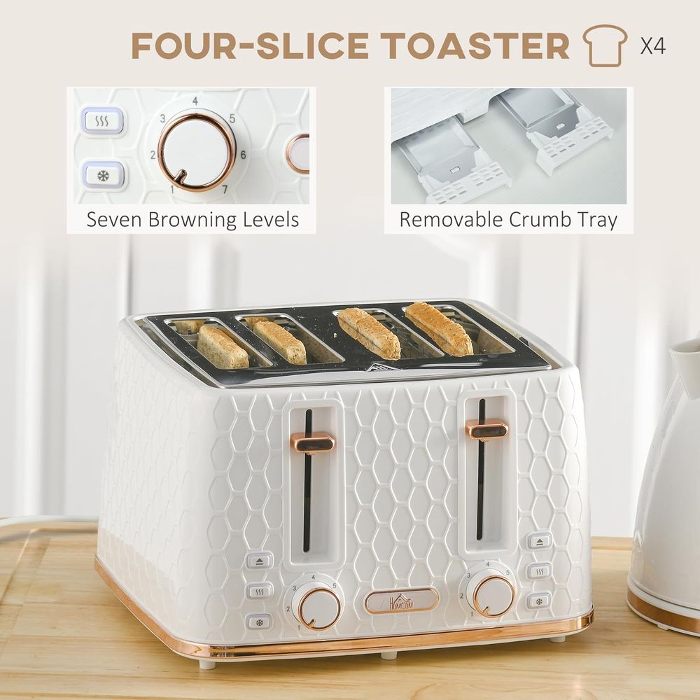 HOMCOM 1.7L Kettle and Toaster Set with Defrost, Reheat and Crumb Tray, White - anydaydirect