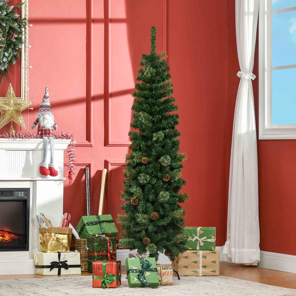 5.5FT Artificial Slim Christmas Tree Holiday Home Decor with Pine Cones HOMCOM - anydaydirect