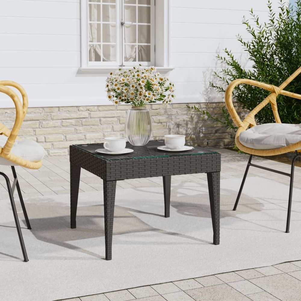 Side Table Black 50x50x38 cm Poly Rattan and Tempered Glass - anydaydirect