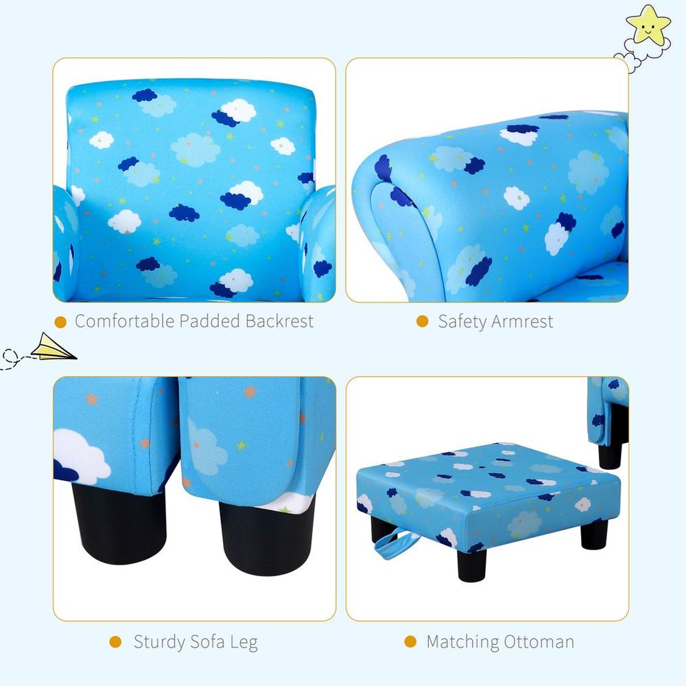 Cute Cloud Star Child Armchair Seat Wood Frame w/ Footrest Padding Blue - anydaydirect