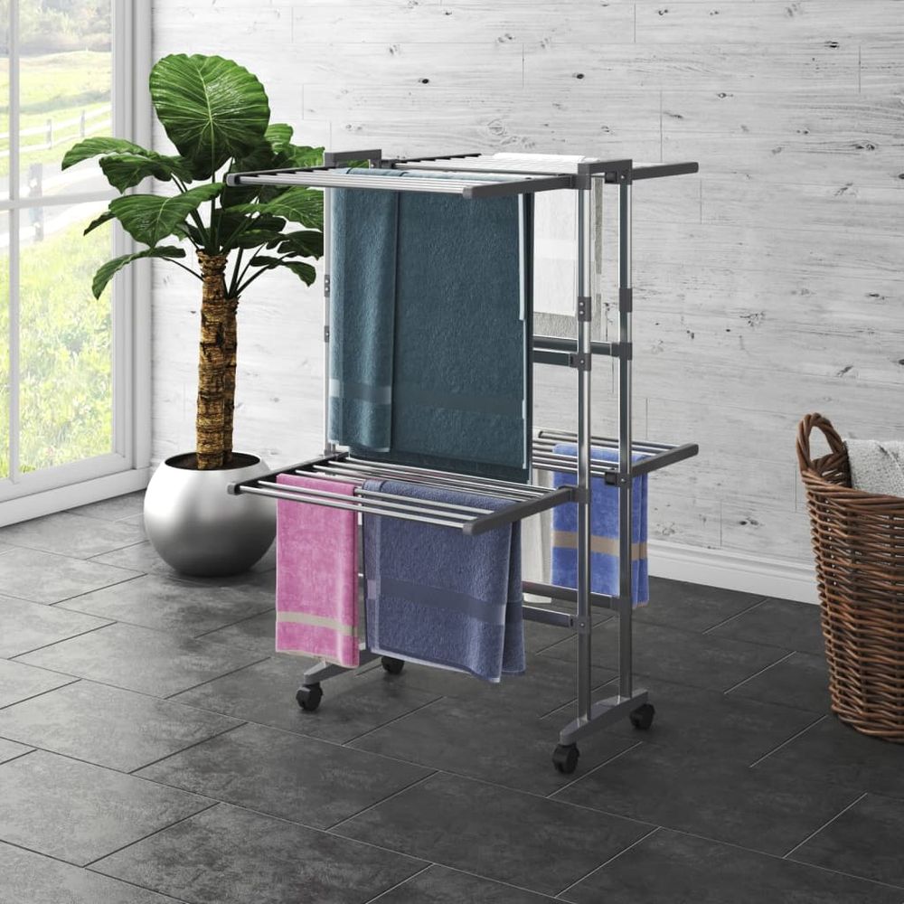 2-3 Tier Airer Laundry Drying Rack with Wheels Silver 60x70x166 cm - anydaydirect