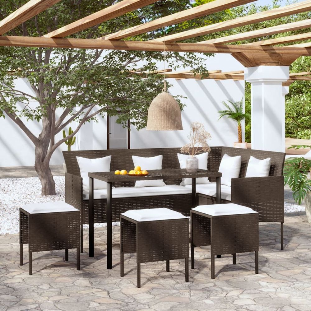 5 Piece L-shaped Couch Sofa Set with Cushions Poly Rattan Brown - anydaydirect