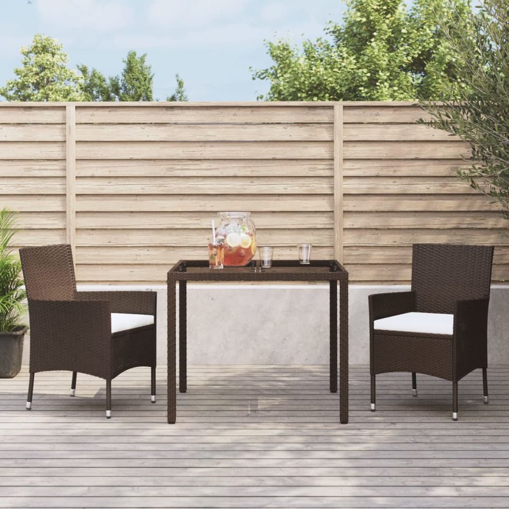 3 Piece Garden Dining Set with Cushions Brown Poly Rattan - anydaydirect