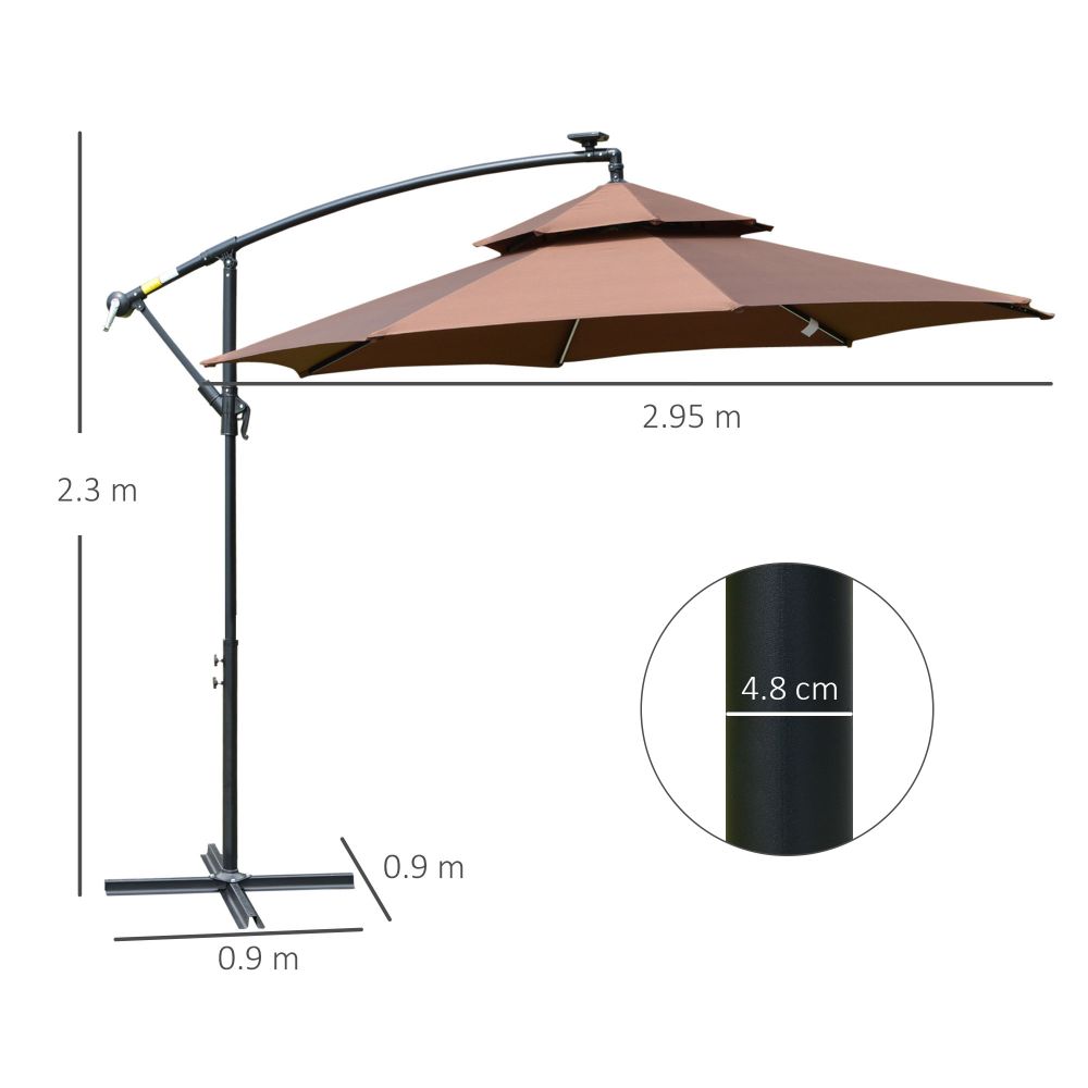 3m Cantilever Banana Parasol Double Roof, LED Solar lights, Crank, - anydaydirect