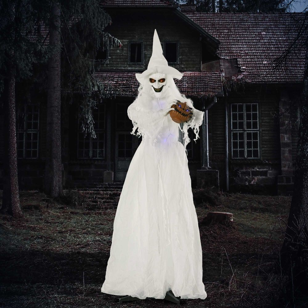 72 Inch Halloween White Witch Holding Pumpkin Skeleton Ghost Motion Lighted Up - anydaydirect