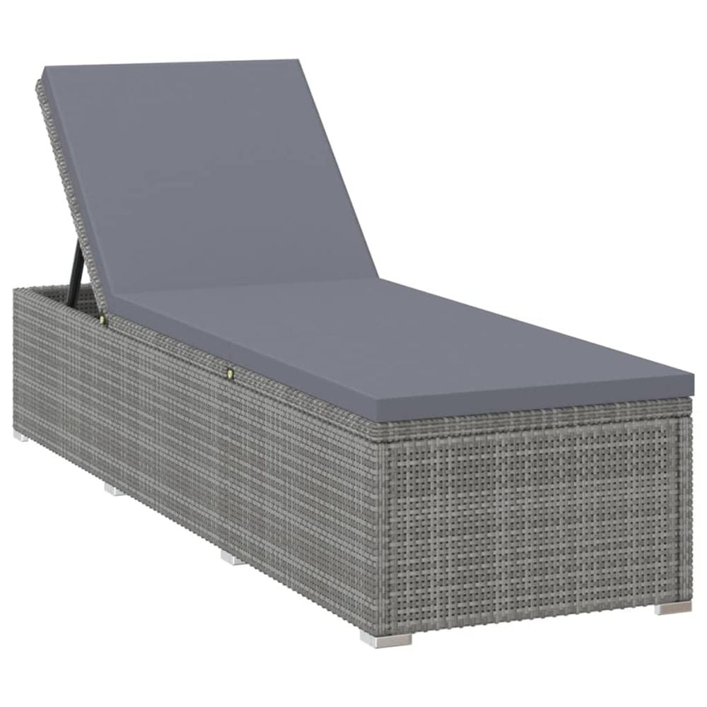 Sun Lounger with Cushion and Tea Table Poly Rattan Grey - anydaydirect