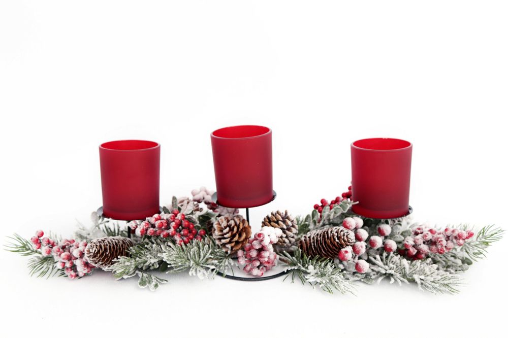 Christmas Tartan Triple Tea Light Holder Table Centre 38.5cm - anydaydirect