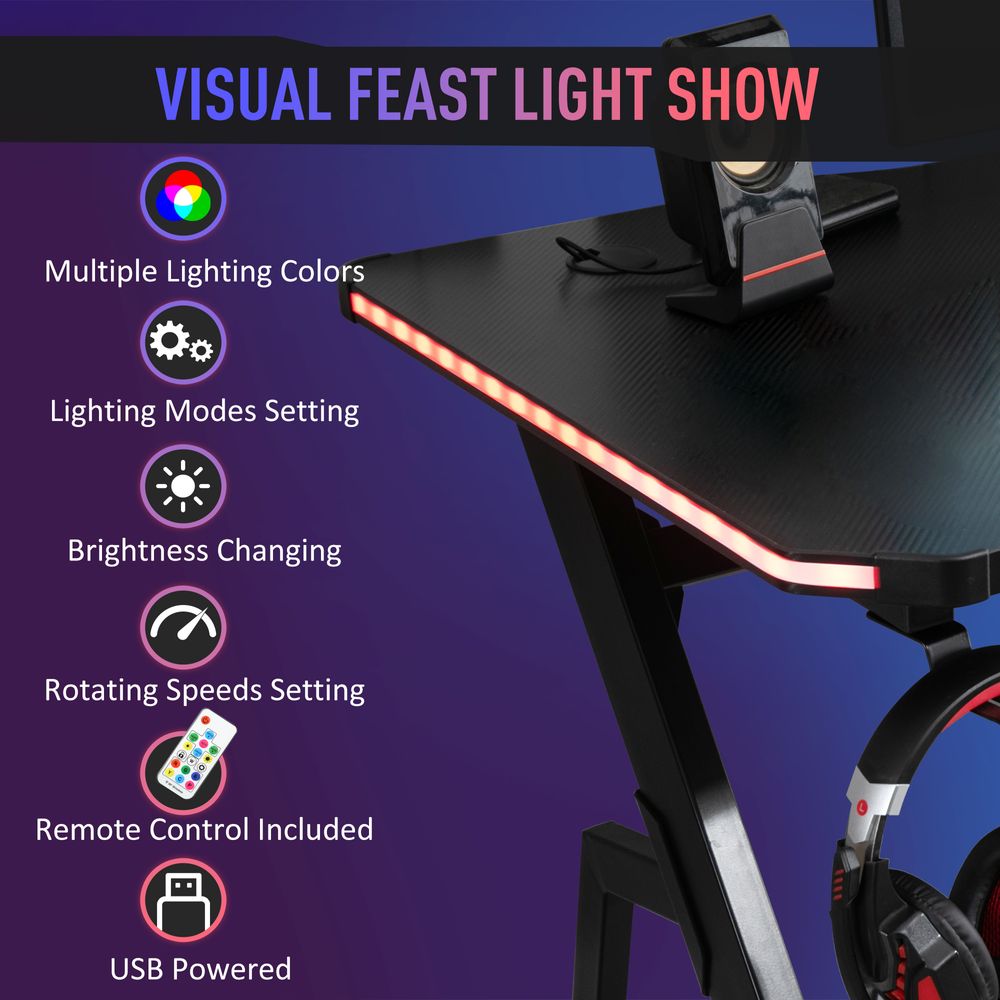 Gaming Desk Racing Ergonomic  Workstation with RGB LED Lights, Hook,  Black - anydaydirect