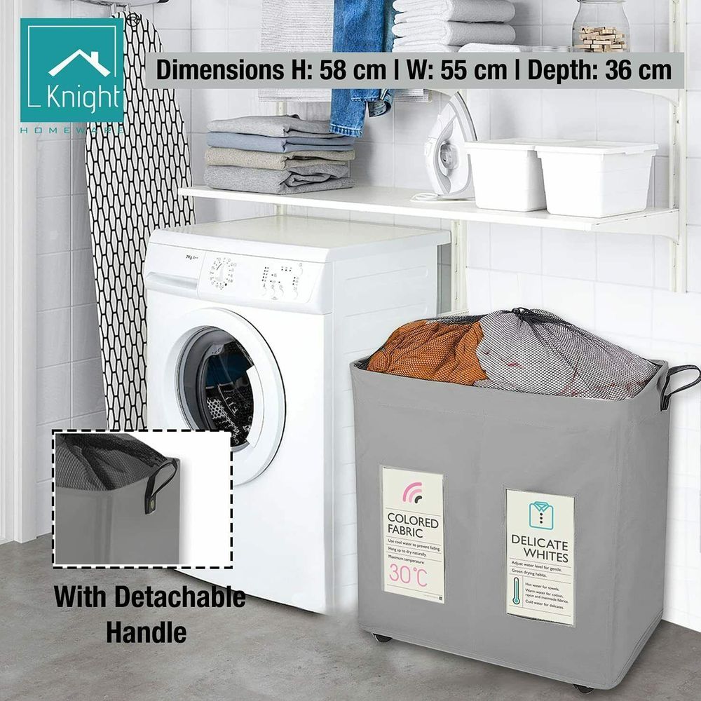 KNIGHT 2 Section Laundry Storage Basket,120L Collapsible on Wheels (Grey) - anydaydirect
