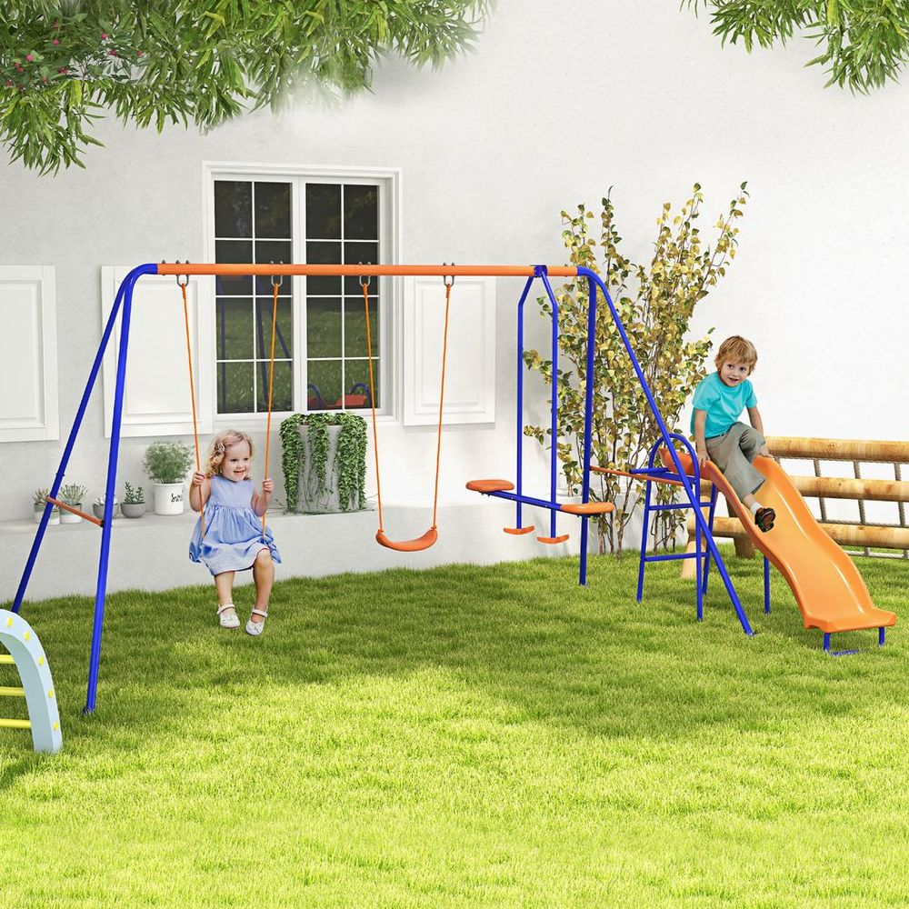 Outsunny 4 in 1 Metal Kids Swing Set with Double Swings, Glider, Slide, Ladder - anydaydirect