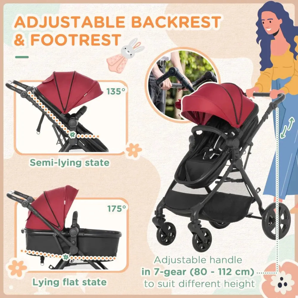 Foldable Baby Pushchair w/ Fully Reclining Backrest From Birth to 3 Years- Red - anydaydirect