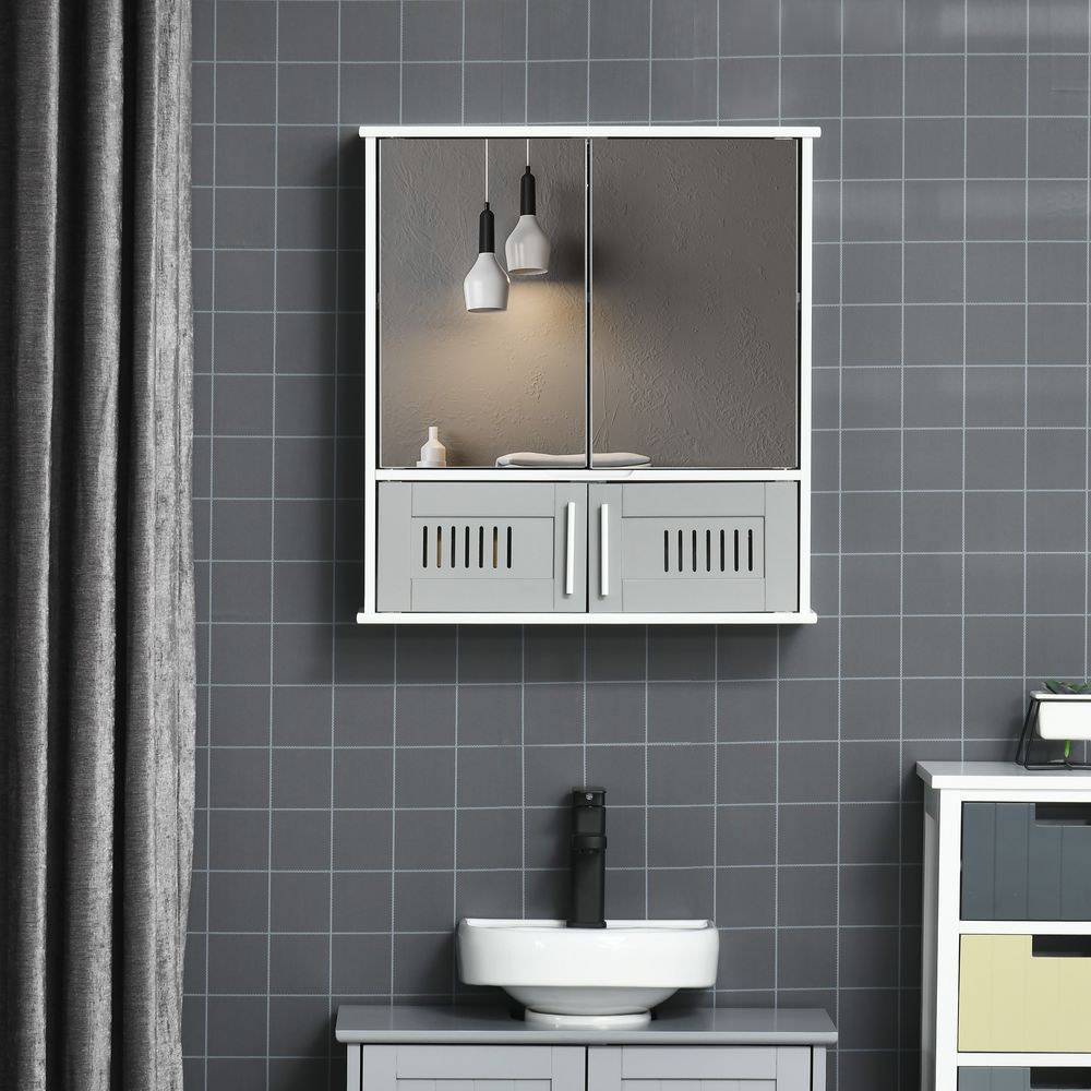 Bathroom Mirror Cabinet, Wall Mounted Storage Cupboard with Double Doors Grey - anydaydirect