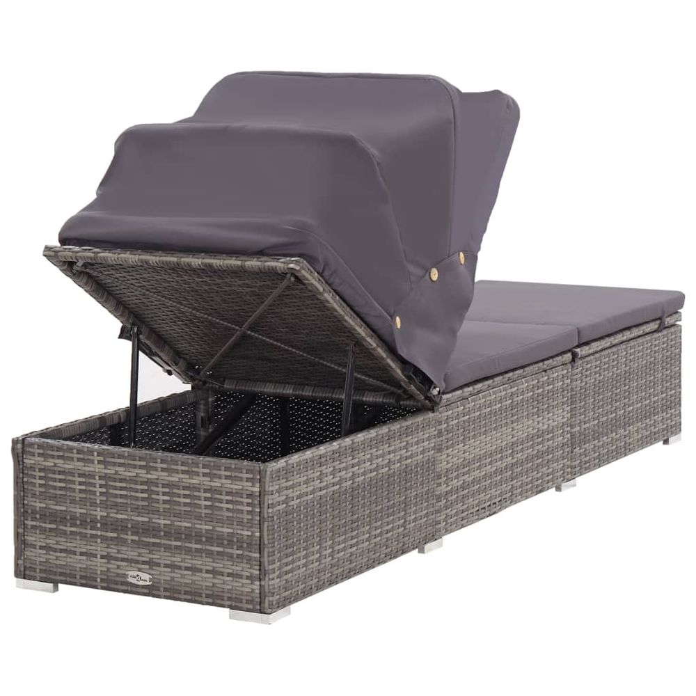 Sun Lounger with Canopy and Cushion Poly Rattan Grey - anydaydirect