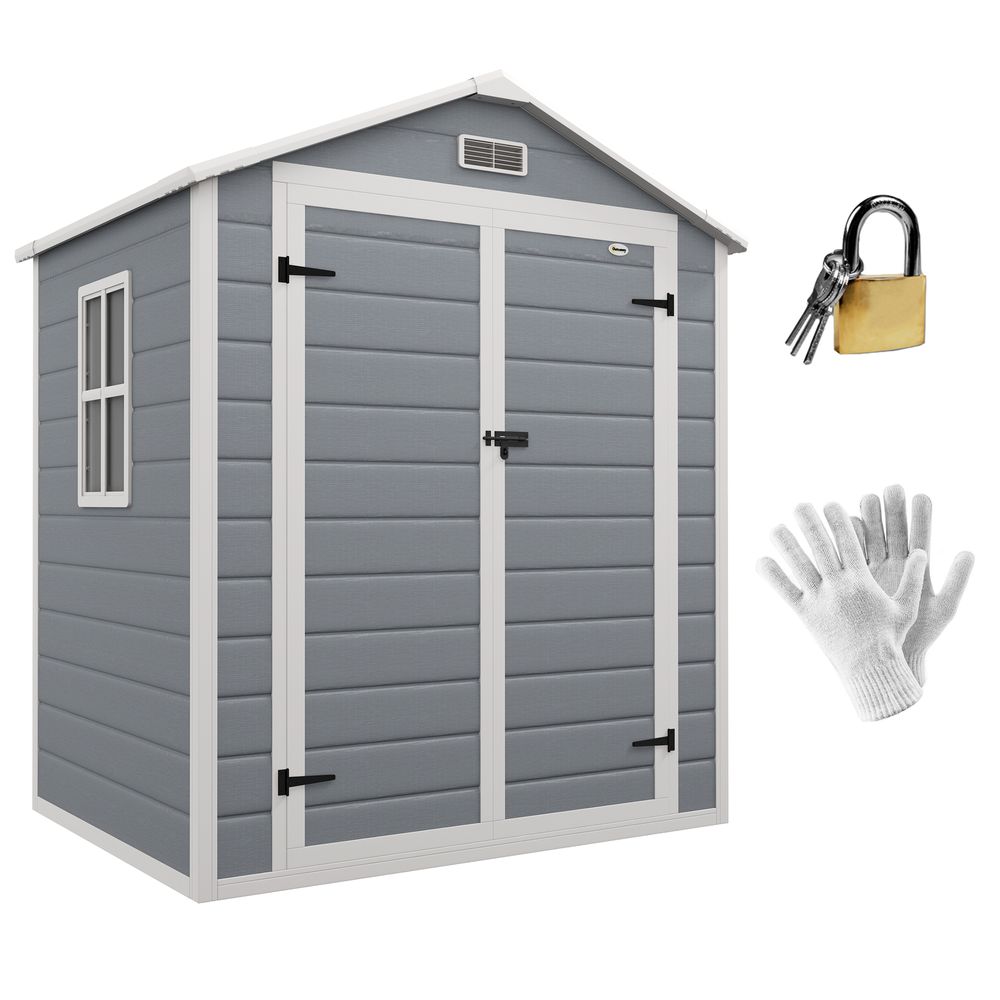 Outsunny Garden Shed 6'x4.5' Plastic Tool Storage House w/ Lockable Double Doors - anydaydirect