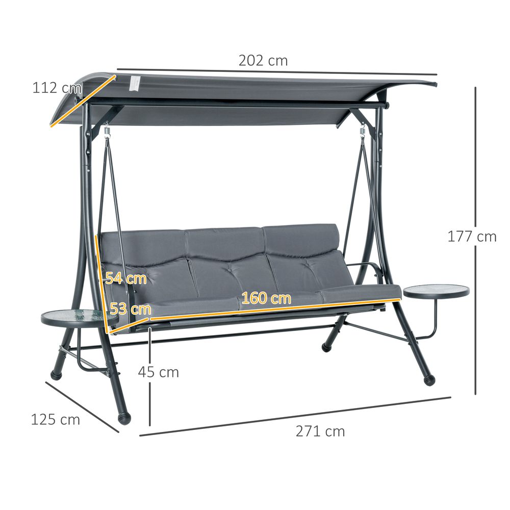 3 Seater Garden Swing Chair & Adjustable Canopy, Cushion & Coffee Tables - anydaydirect