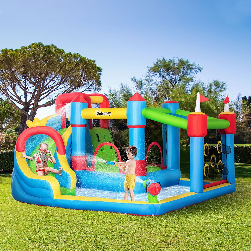 Kids Inflatable Bouncy Castle 6 in 1 Water Slide Water Gun Air Blower - anydaydirect