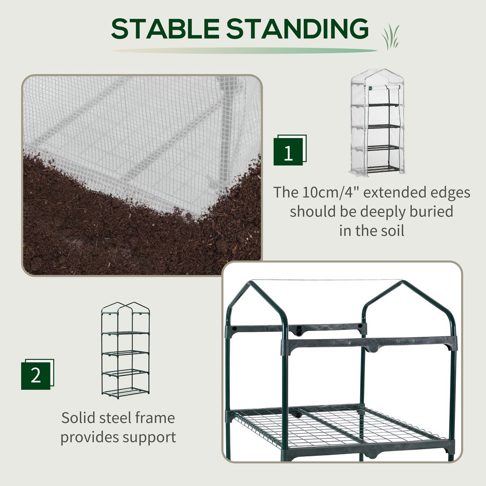 4 Tier Mini Greenhouse, Portable with Steel Frame, PE Cover, 160x69x50cm - anydaydirect