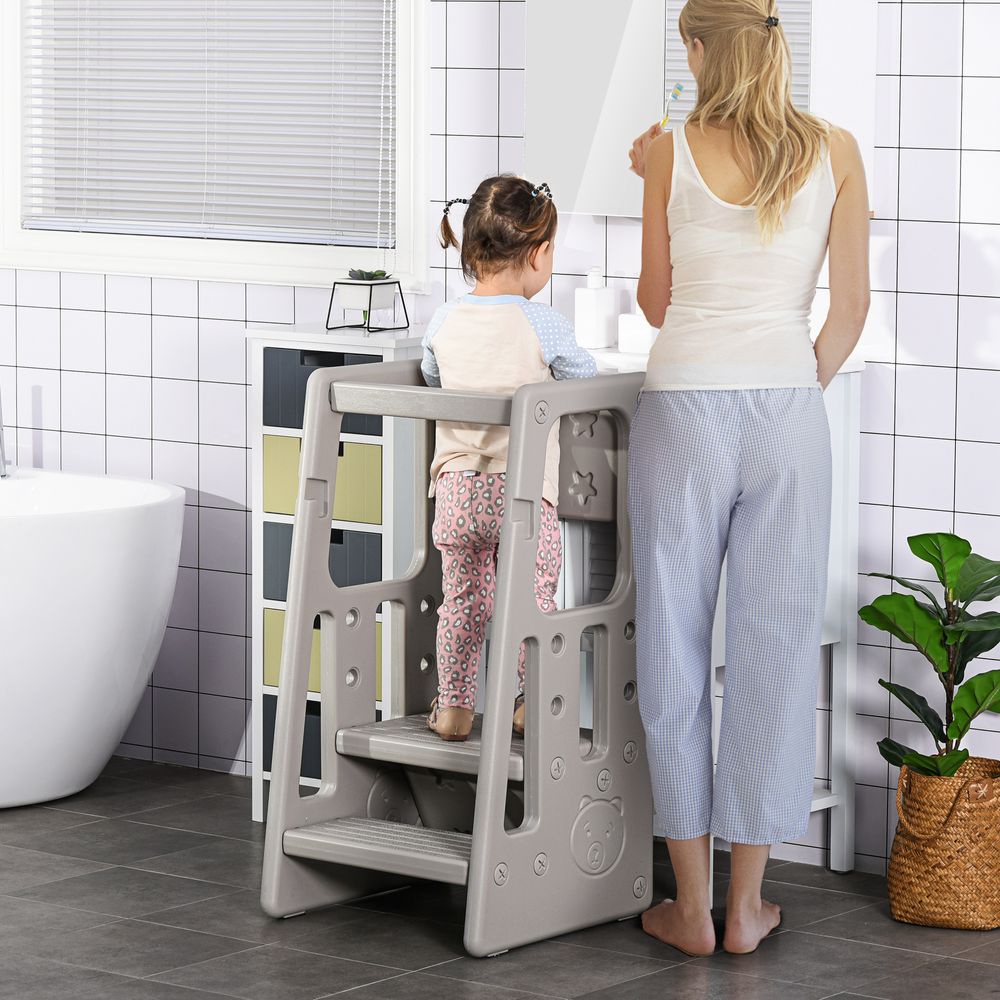 Kids Step Stool Adjustable Standing Platform Toddler Kitchen Stool Grey HOMCOM - anydaydirect