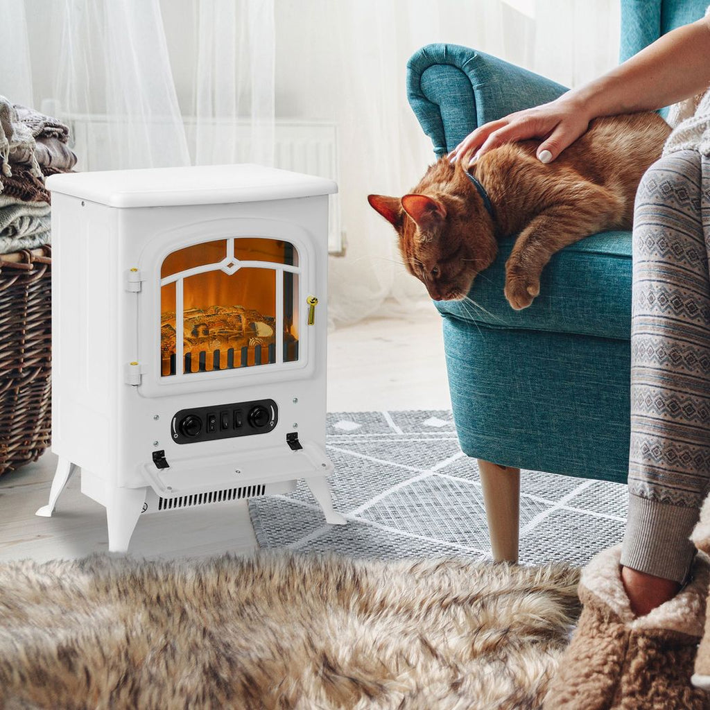 HOMCOM Fireplace Stove Heater Log Burning Flame Electric 950/1850W White - anydaydirect