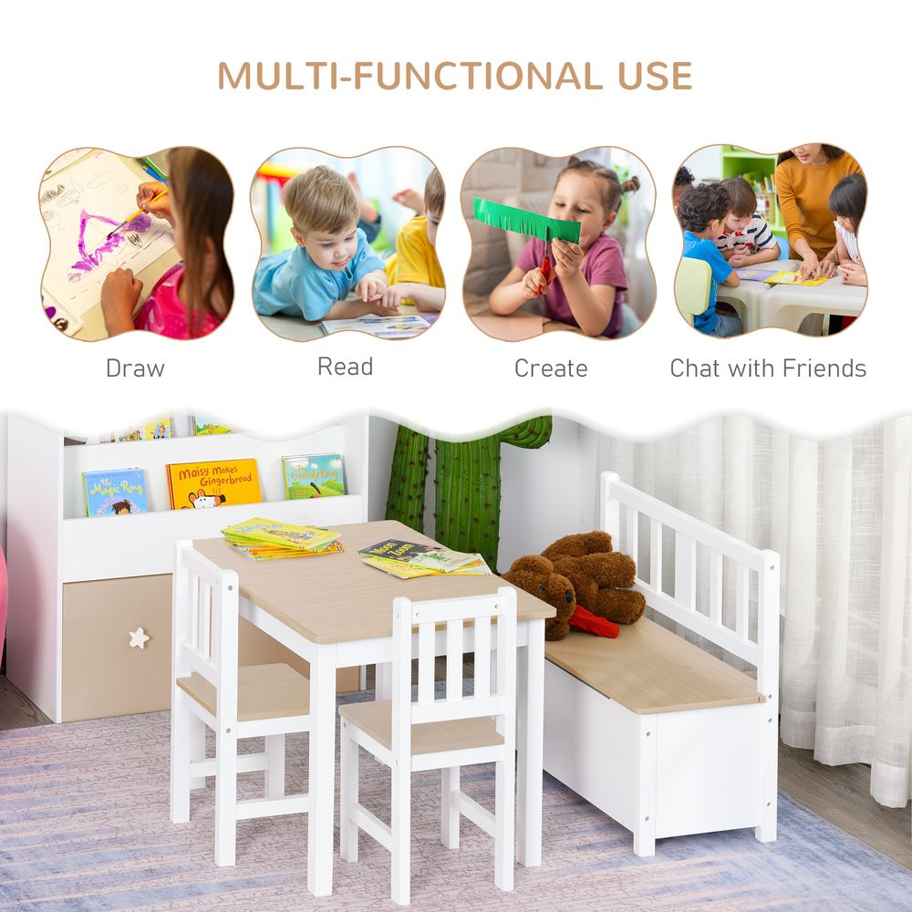 4-Piece Set Kids Wood Table Chair Bench Storage Function for 3 Years+ HOMCOM - anydaydirect