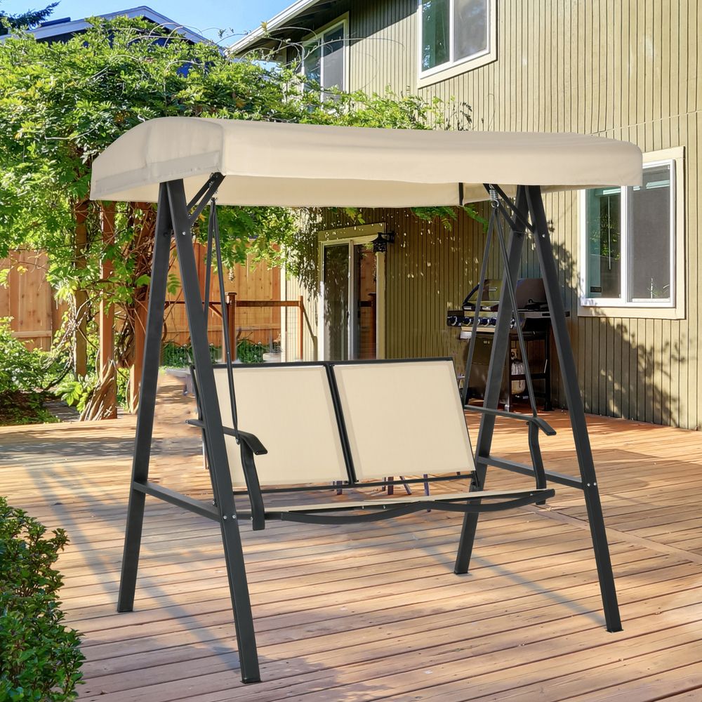 2 Seater Swing Chair With Adjustable Tilting Canopy Steel Frame, Beige - anydaydirect