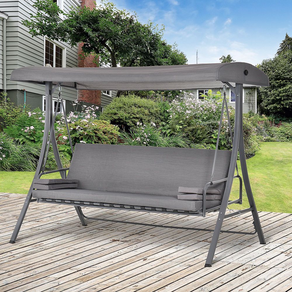 2-in-1 Swing Chair  3 Seater Bench With Adjustable Canopy Pillow, Grey - anydaydirect