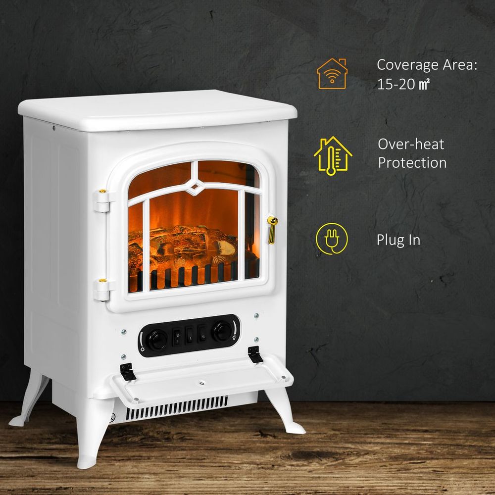 HOMCOM Fireplace Stove Heater Log Burning Flame Electric 950/1850W White - anydaydirect