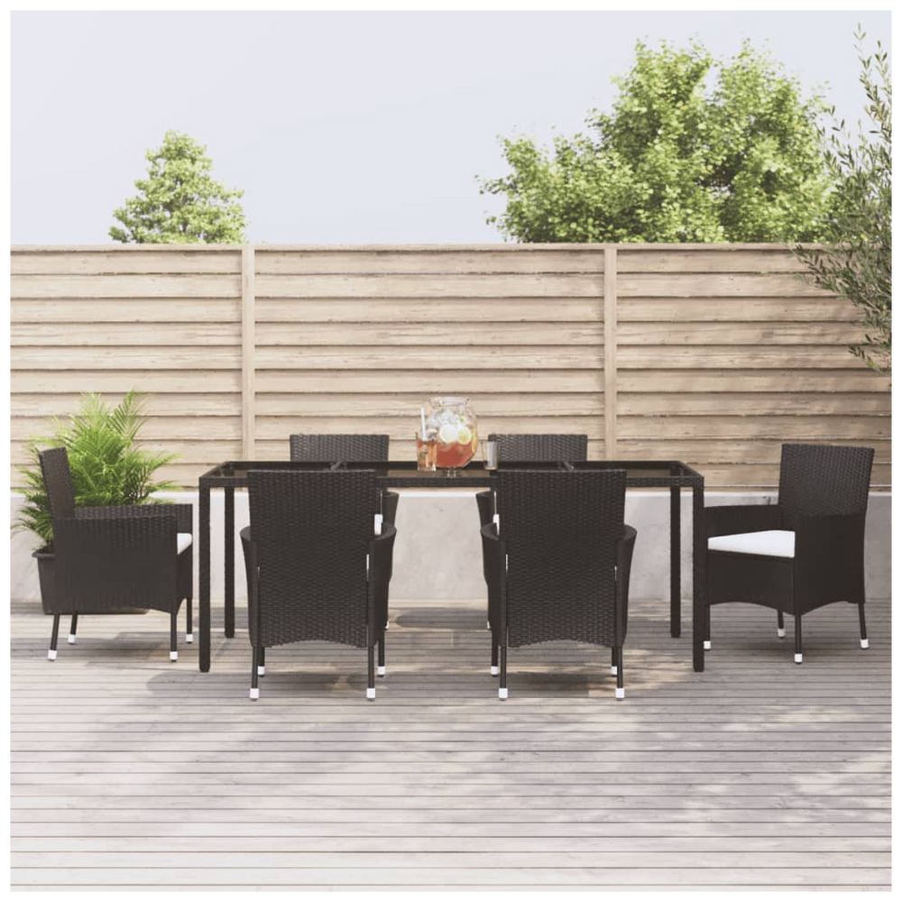 vidaXL 7 Piece Garden Dining Set with Cushions Black Poly Rattan - anydaydirect