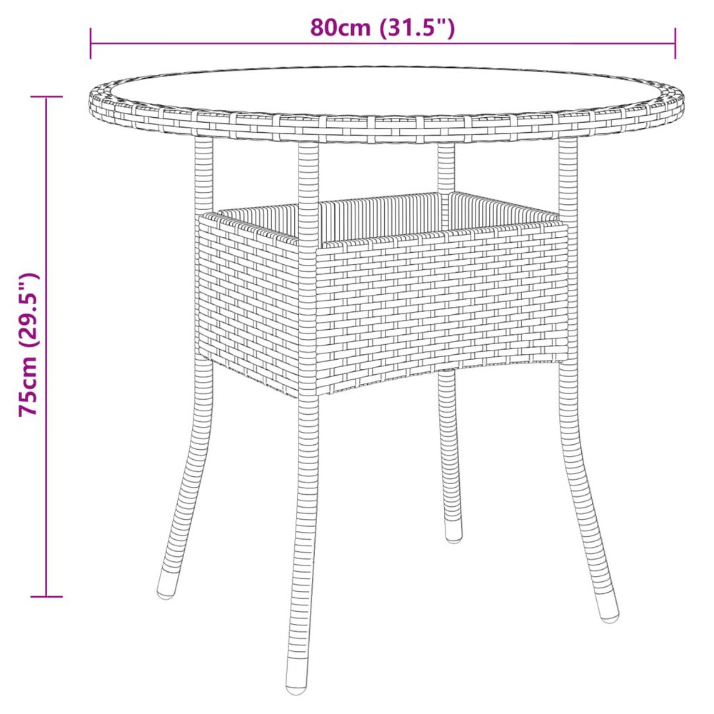 Garden Table Ø80x75 cm Tempered Glass and Poly Rattan Black - anydaydirect