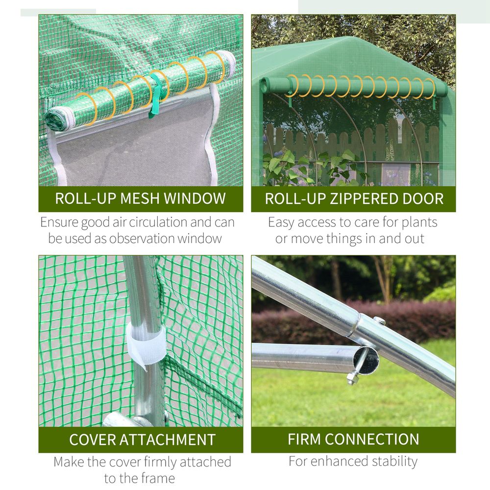 Walk-in Garden Greenhouse Zippered Roll Up Door & 6 Windows, 3.5 x 3 x 2m, Green - anydaydirect