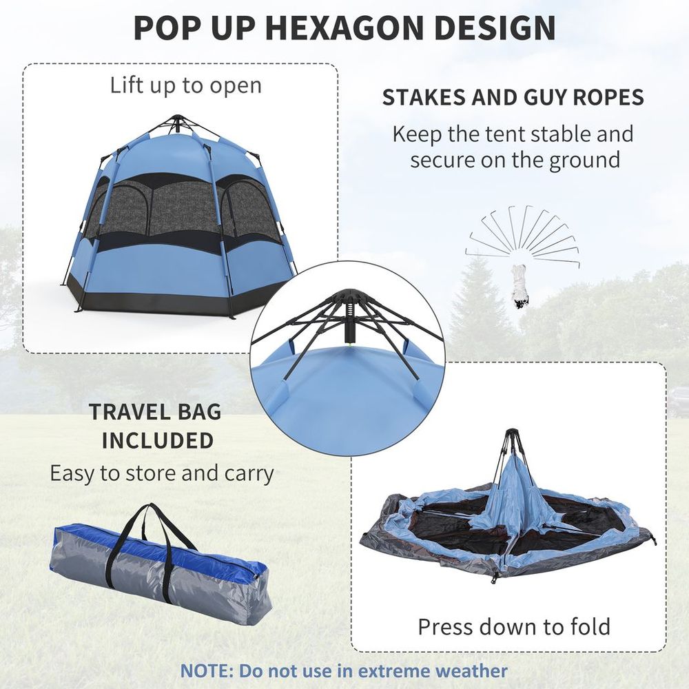Outsunny 4 Person Pop Up Tent Camping Festival Hiking Shelter Family Blue&Black - anydaydirect
