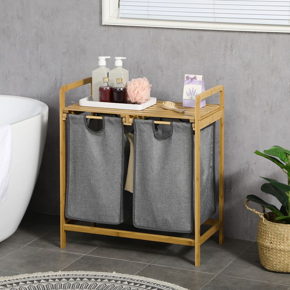 Bamboo Laundry Basket with Shelf Pull-out Bags for Bedroom Laundry Room - anydaydirect