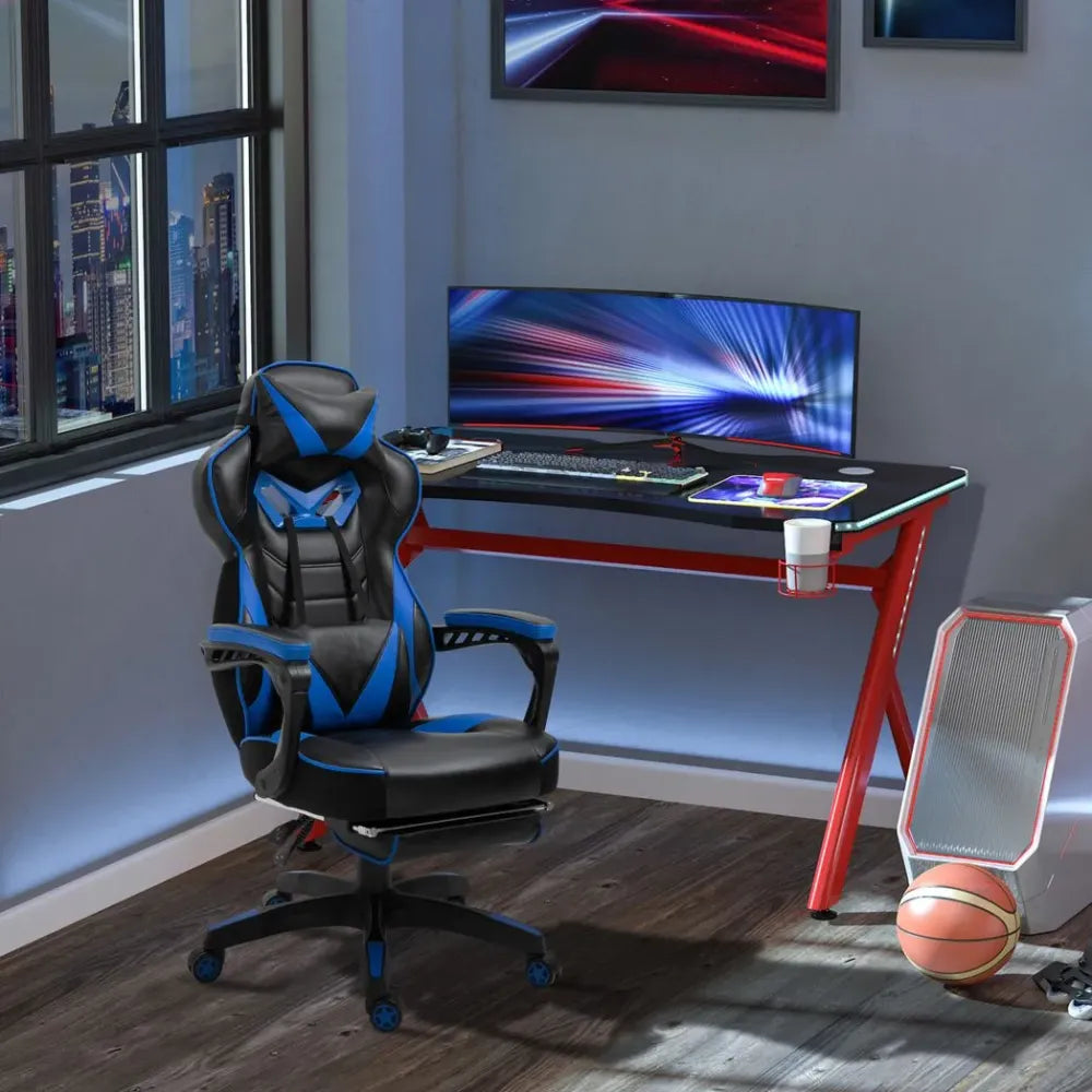 Gaming Chair Ergonomic Reclining w/ Manual Footrest Wheels Stylish Office Blue - anydaydirect