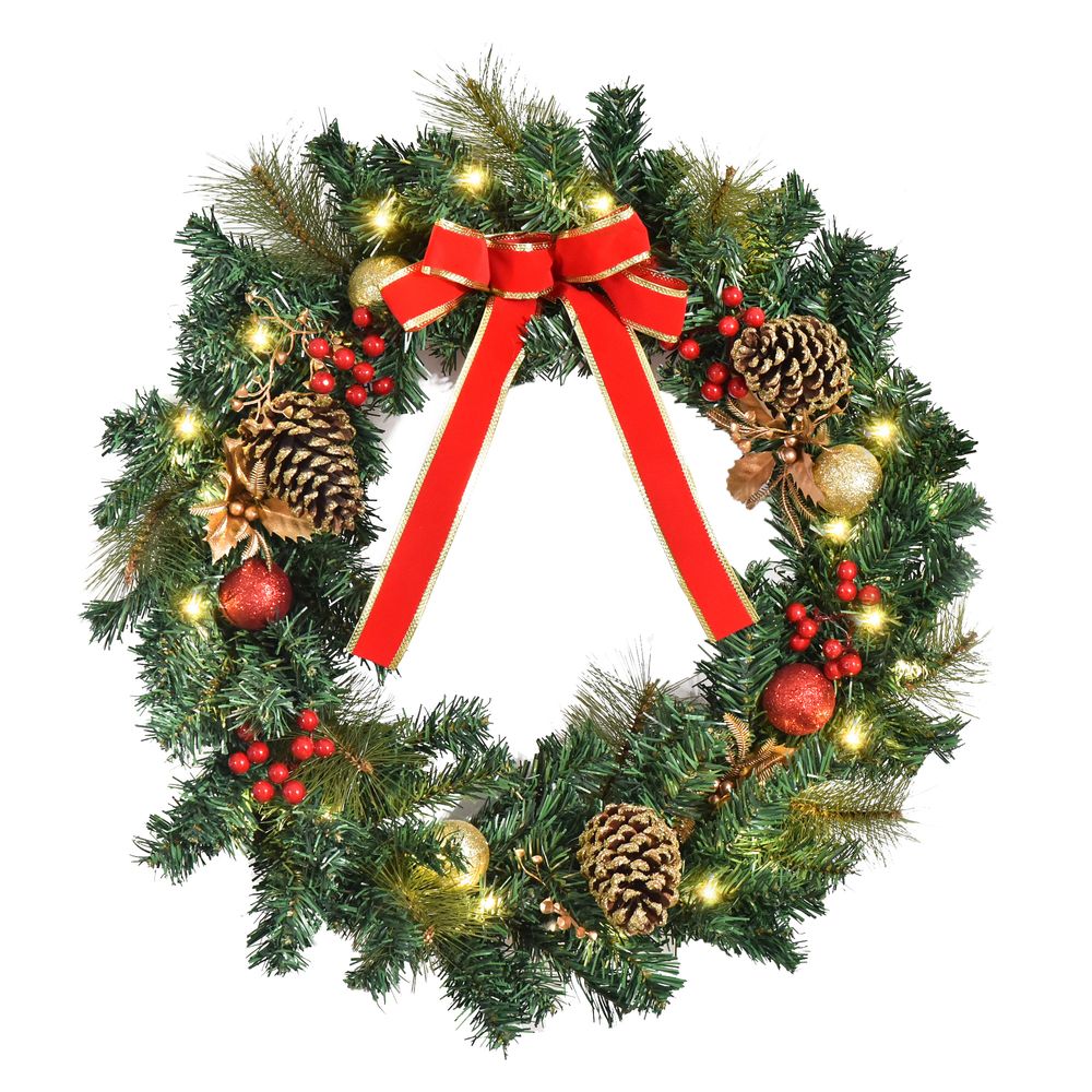 60cm Pre-Lit Artificial Christmas Door Wreath Holly LED Decor Pine Cones Hangin - anydaydirect