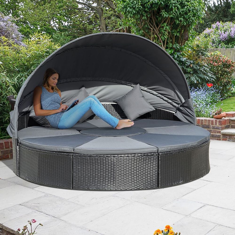 Outdoor Garden Daybed Set w/ Cushioned Round Sofa Bed Conversation Furnitur - anydaydirect